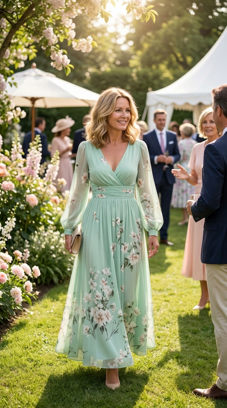 Esther | Lichtgroene midi-jurk met V-hals, geplooide chiffon en bloemenprint