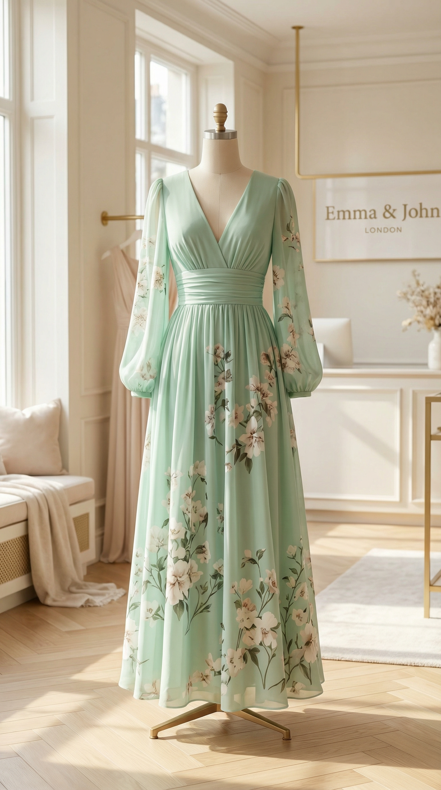 Esther | Lichtgroene midi-jurk met V-hals, geplooide chiffon en bloemenprint